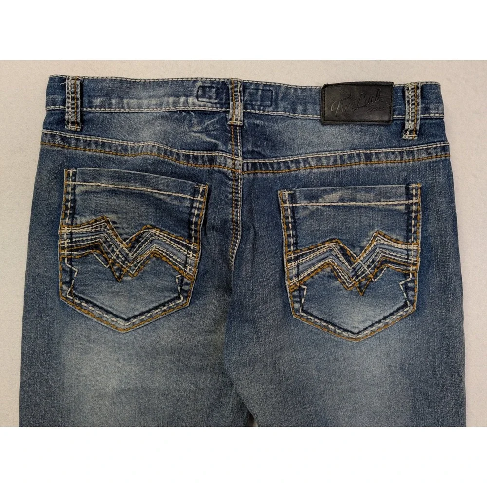 True Luck Mens Straight Leg Jeans 34 / 32 Distressed Embroidered Blue